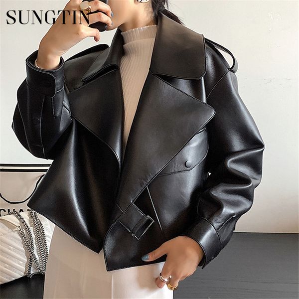 

sungtin women faux leather jacket soft loose vintage biker coat short pockets motor pu black jacket autumn street leather coat
