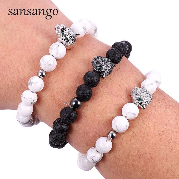 

trendy 8mm white pine/volcanic/tiger eye stone pave cz skull leopard charm beaded bracelet for men&women jewelry dropshipping, Golden;silver