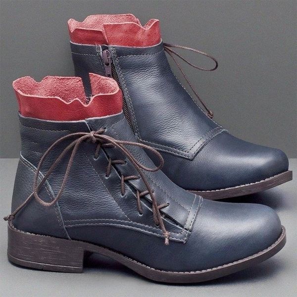 

2020 women boots autumn pu ankle boots with back lace-up design solid color low heels shoes botas mujer womans shoes, Black