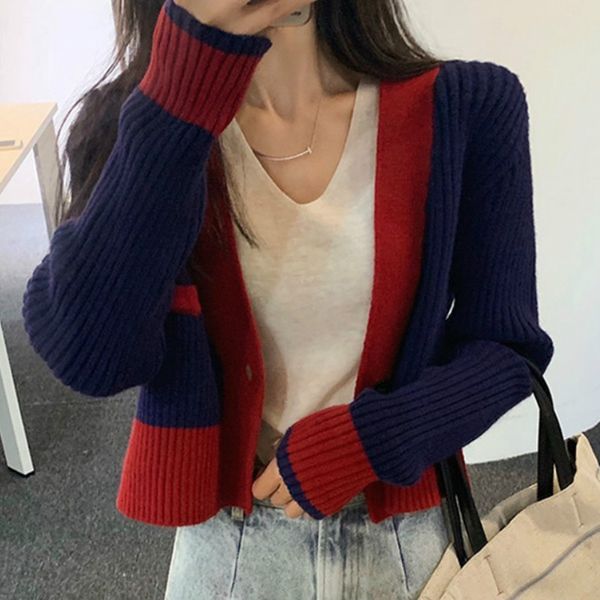 

women's knits & tees vintage v-neck knitted cardigan women long-sleeved 2021 spring autumn contrast color sweater coat jacket outwear, White