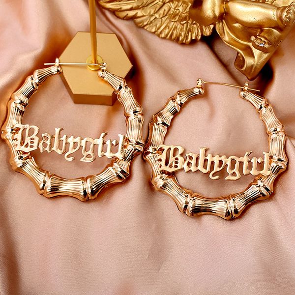 

hoop & huggie flatfoosie punk bamboo circle earrings for women gold silver color hollow letter babygirl large statement jewelry, Golden;silver