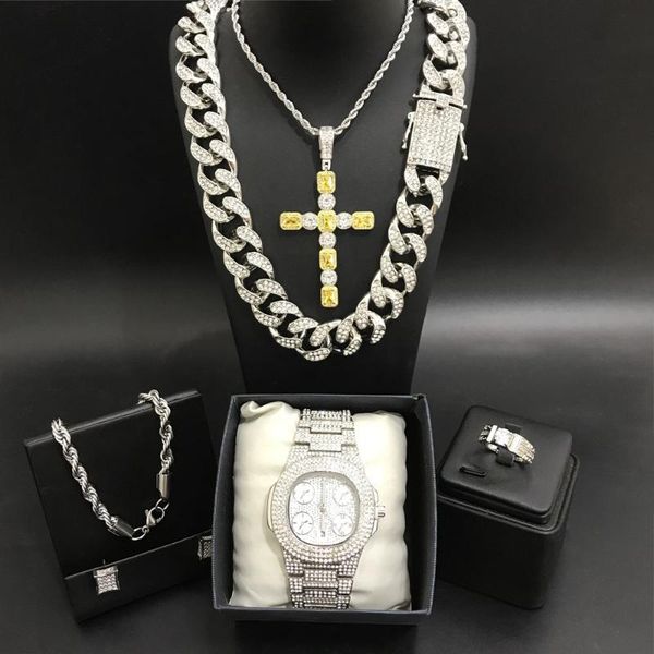 

luxury men watch & neckalce & braclete ring earring combo set out cuban crystal miami neckalce chain hip hop for men, Silver