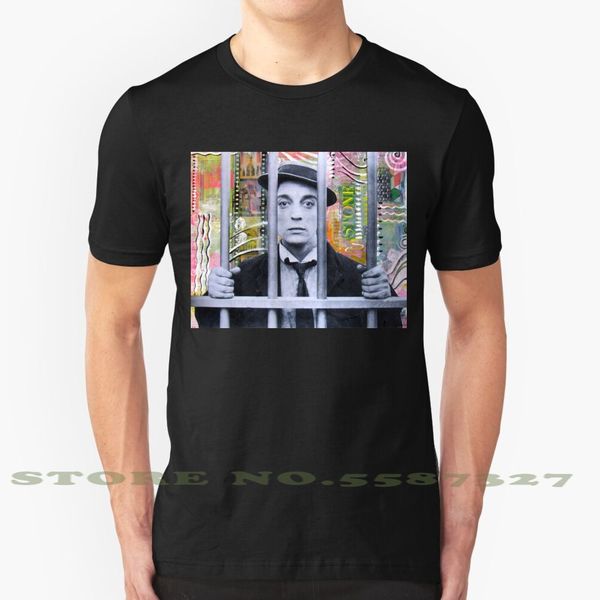 

buster behind bars cool design trendy t-shirt tee buster keaton actor man collage black and white colorful silent film film the