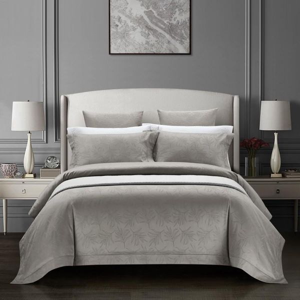 

100%cotton leaves jacquard duvet cover set  king size vintage grey gray navy blue solid luxury bedding set bed sheet