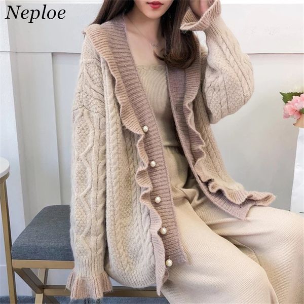 

neploe ruched contrast color knitted women cardigan gentle elegant loose women girl stich 2020 new auttum casual sweater 68645, White