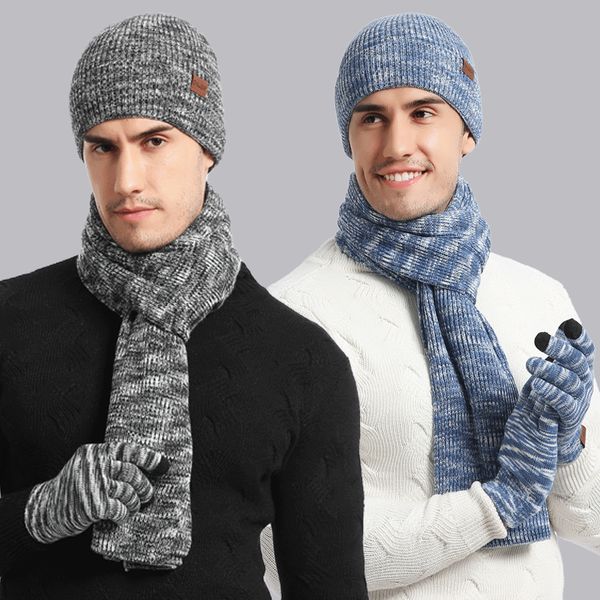 

3 pice/set winter warm solid color hat scarf and gloves set women men winter ski beanie hat ring scarf gloves, Blue;gray