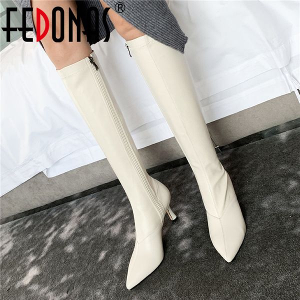 

fedonas elegant knee high boots 2020 winter genuine leather high heels boots for women wedding dancing shoes woman heels, Black