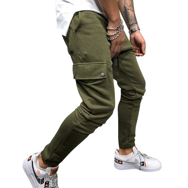 

mens pants fashion natural color pencil pants casual elastic waist multi pocket capris pants men clothing, Black