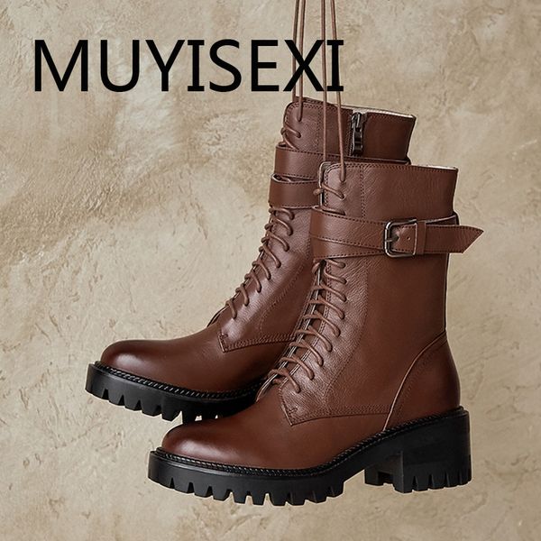 

metal fasteners genuine leather round toe 5.5cm high square heel lace up zipper keep warm coolest motorcycle boots yt19 muyisexi, Black