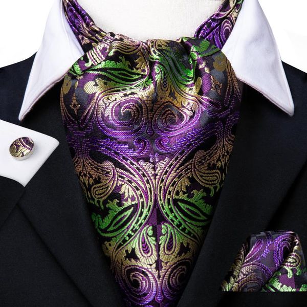 

hi-tie luxury paisley cravat for men purple green pocket square cufflinks ascot scarf tie new men's casual ascot cravat tie set, Black;gray