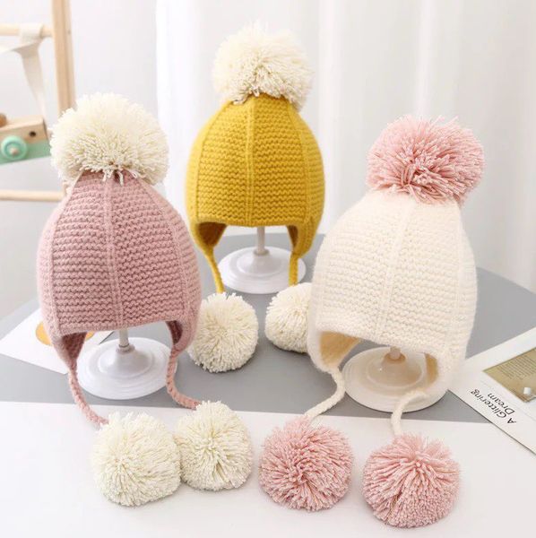 

baby kids big pompon knitted hat children patchwork colors knitting beanie kids winter warm ear muff beanie a4398, Yellow