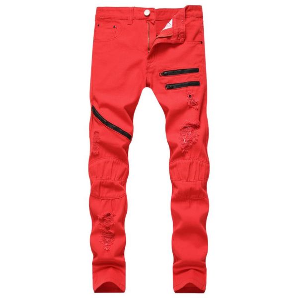 

2020 europe and america new style men zipper casual jeans three-color with holes zipper slim fit straight-cut, Blue