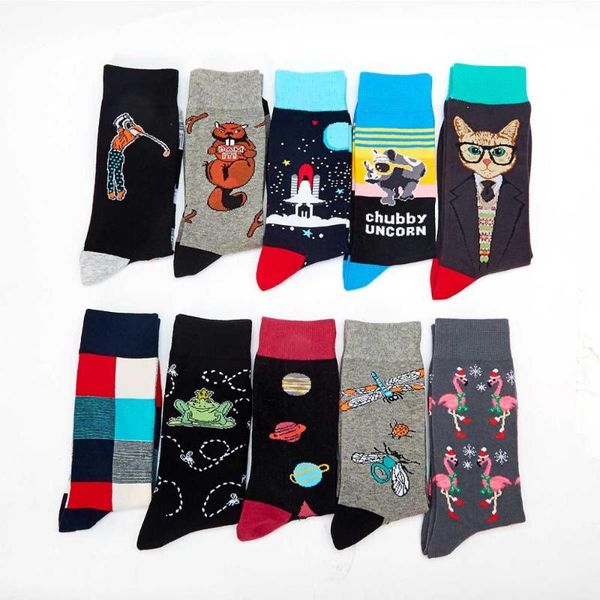 

1 pair men socks color combed cotton men's socks casual with print knitting funny cartoon animal novelty crew gift, Black