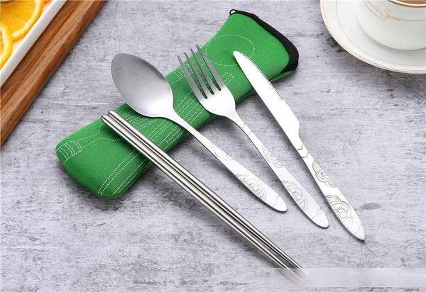 

stainless steel flatware sets knife fork spoon chopsticks tableware dinnerware with carrying case for traveling camping picnic hiking