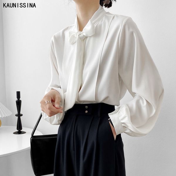 

office ladies women blouse shirt autumn spring long sleeve blouses elegant bow work wear lace up shirts female elegant, White