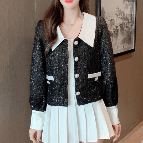 

autumn winter outerwear women crop vintage korean lantern sleeve tweed jacket coat elegant ladies woolen coats, Black