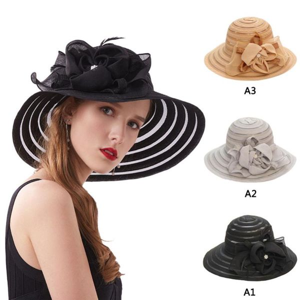 

ladies summer wide brim foldable hat beach sun hat wedding bowknot cap, Blue;gray