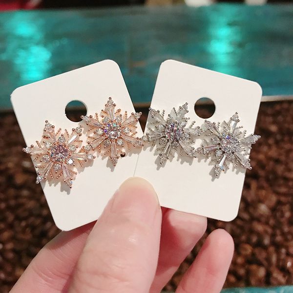 

stud mengjiqiao korean elegant shiny zircon snowflake earrings for women fashion christmas pendientes party holiday jewelry, Golden;silver