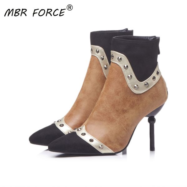 

mbr force new fashion boots women pointed toe thin high heels rivet boots studded ankle women botines luxury botas mujer, Black