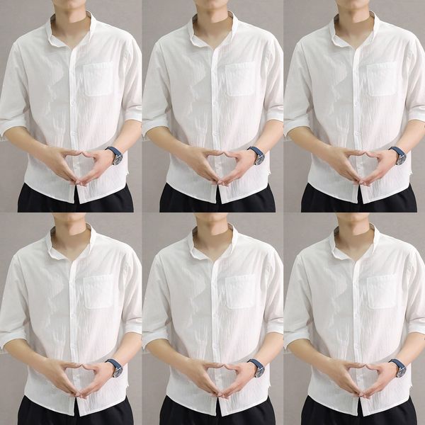 

stand collar 20 summer shirt new large size men's chinese style linen thin short sleeve shirt men's koo2j, Black