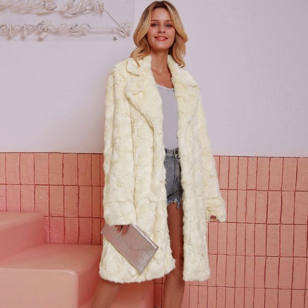

elegant white shaggy women faux fur coat 2020 streetwear autumn winter warm plush coat female plus size long overcoat party, Black