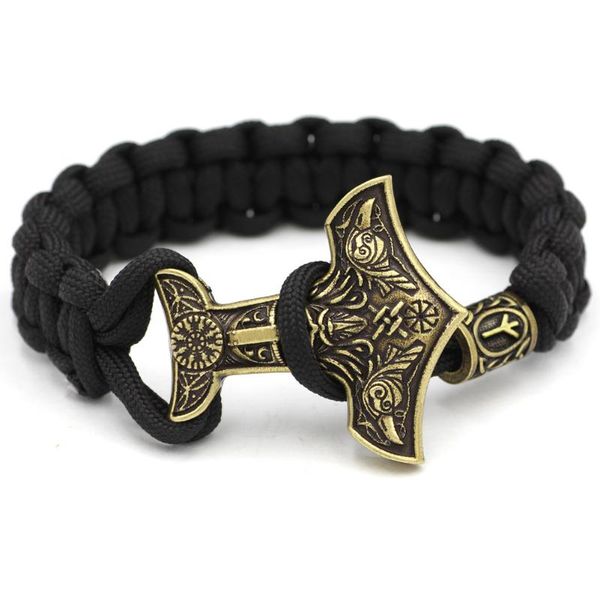 

men viking talisman thor hammer amulet hammer odin raven symbol knot bracelet, Black