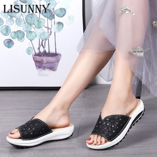 

lisunny summer female slippers car line wear-resistant anti-slip large size retro wedge with thick bottom comfortable slippers, Black