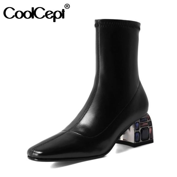 

coolcept women ankle boots thick heel slip on shoes crystal square toe winter warm boot fashion office women footwear size 33-40, Black