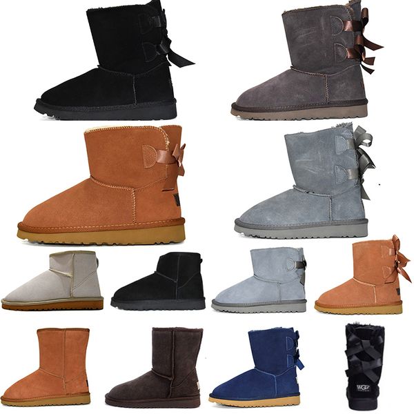 

2020 winter leather short bowtie snow boots ribbons classic mini fashion women boots kneel half ankle chestnut beige grey womens shoes, Black