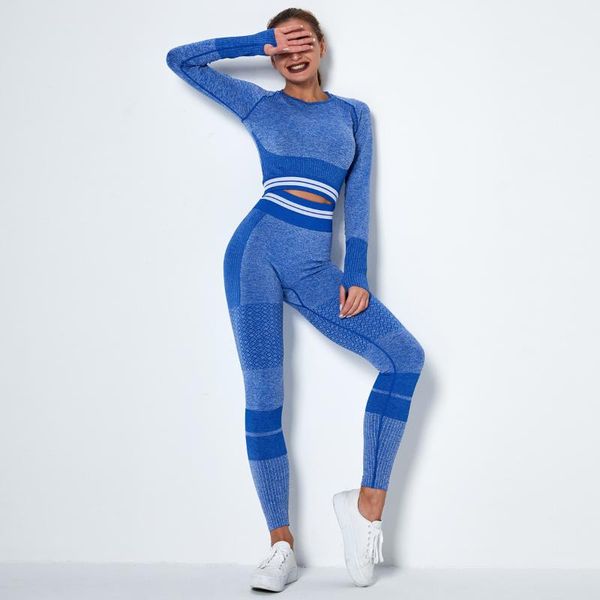 

yoga outfit seamless knitted quick-drying sports long-sleeved set striped fitness pants women workout clothes for