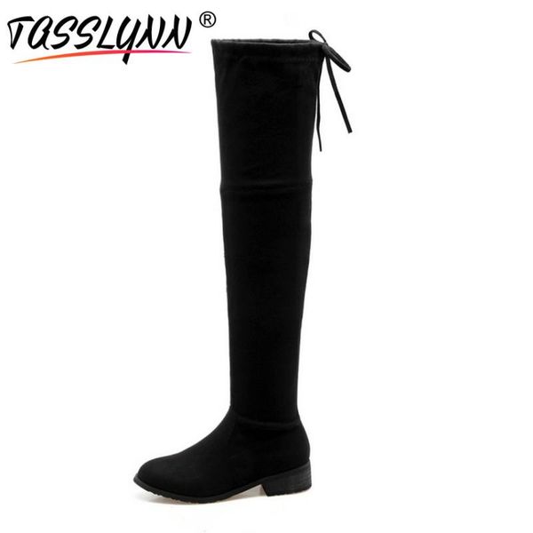 

tasslynn 2020 solid women boots round toe square med heels winter boots over the knee lace up fashion women size 38, Black