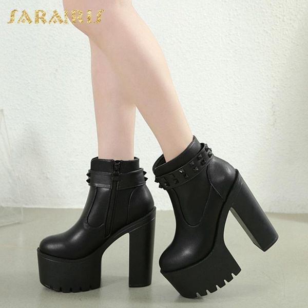 

sarairis 2020 ankle boots comfy square heel zipper high heels rivet platform autumn boots woman shoes, Black