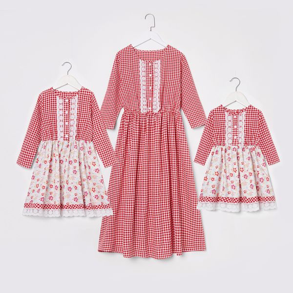 

2020 new parent-child dress lace plaid long sleeve c, Blue
