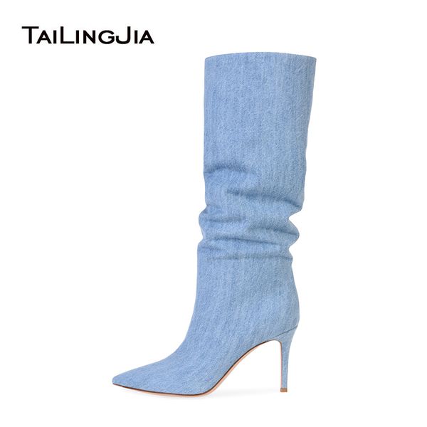 

pointed toe high heel denim knee high slouchy boots womens heeled jeans slouch boots ladies mid heel spring autumn shoes 2020, Black