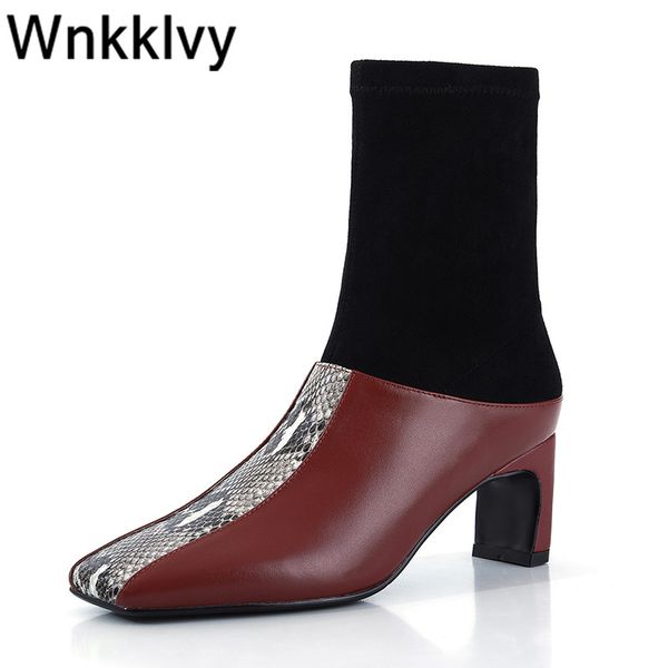 

crocodile pattern elastic slim ankle boots women square toe high heel patchwork shoes female mixed colors handsome short boots, Black