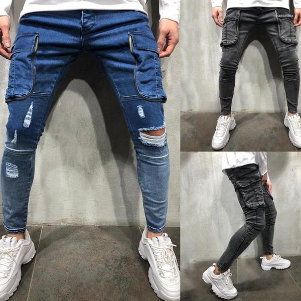 

big pockets panelled zipper fly mens designer jeans casual males clothing hole panelled mens designer jeans fashion, Blue