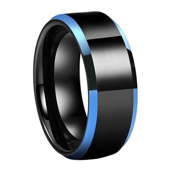 

8mm polished black tungsten carbide ring blue beveled wedding band for men ring party gift jewelry comfort fit, Slivery;golden