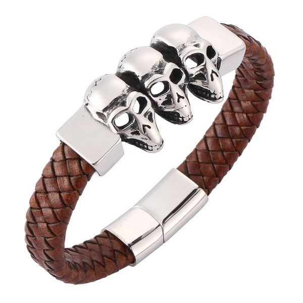 

charm bracelets retro creative skull men's brown woven leather bracelet stainless steel magnetic buckle fashion 7-sp0166, Golden;silver