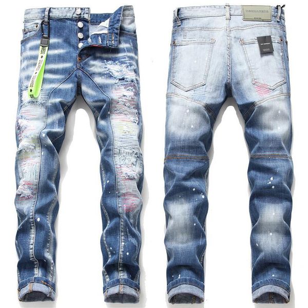 

men's jeans famous men slim pants mens denim trousers zipper black hole pencil for, Blue