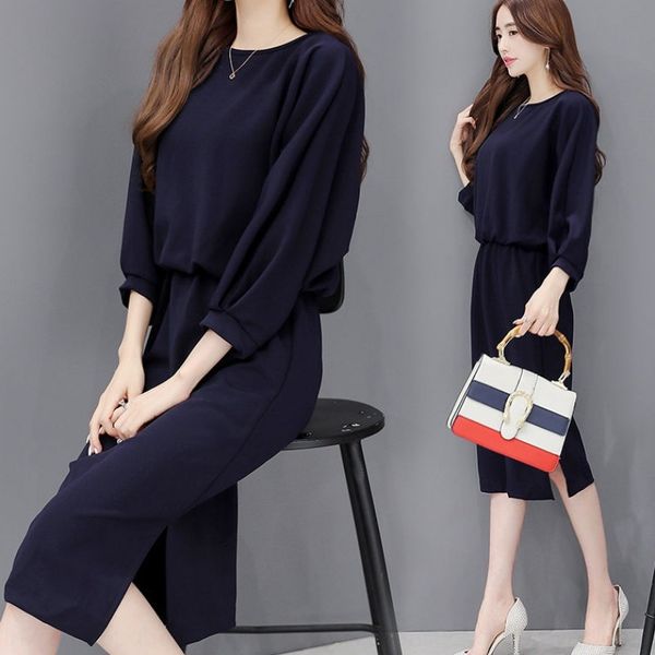 

2020 summer new cropped sleeve round neck mid-length loose slim split for women 2020 summer new cropped sleeve round dress neck mid-length l, Black;gray