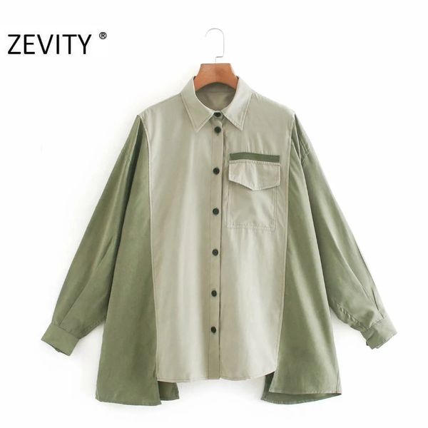 

zevity women vintage turn down collar color match patchwork casual loose blouse lady pocket patch shirt chic chemise ls7122, White