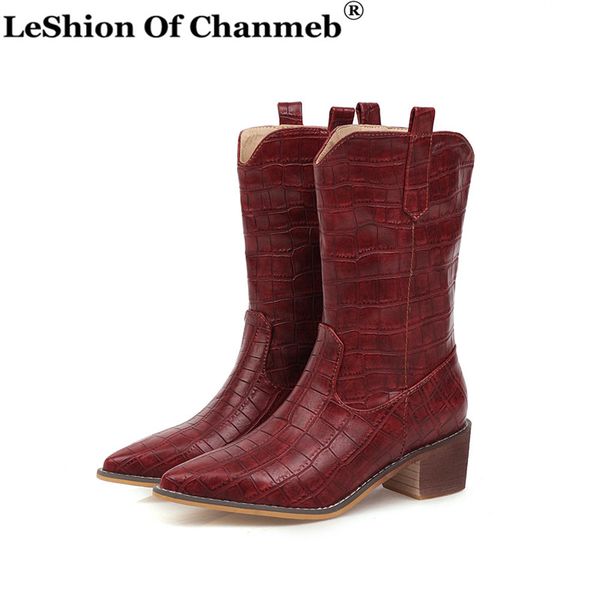 

women crocodile microfiber leather mid-calf boots cowgirl western boots white winter shoes cowboy 12 botas mujer invierno, Black