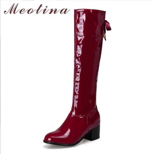 

meotina winter knee high boots women patent leather thick high heels long boots zipper round toe shoes lady fall plus size 33-46, Black