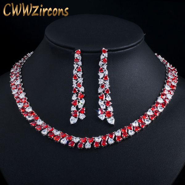 

cwwzircons love heart shape red cubic zirconia wedding party bride round choker necklace jewelry sets for women accessories t376, Silver