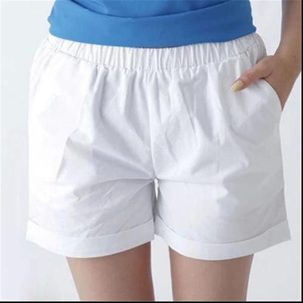 

female plus size summer mid elastic waist solid straight pleated 100% cotton breathable shorts woman oversized sweat shorts, White;black