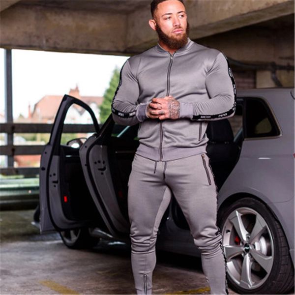 

2020 new men sets fashion sporting suit brand patchwork zipper sweatshirt +sweatpants mens clothing 2 pieces sets slim tracksuit, Gray