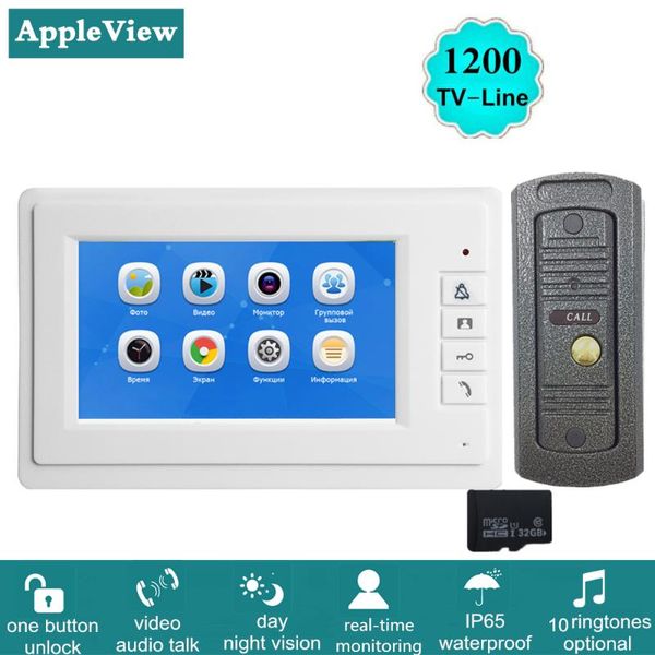 

video door phones 7"monitor intercoms doorphone security system mute mode waterproof camera doorbell multi-language menu built-in memor