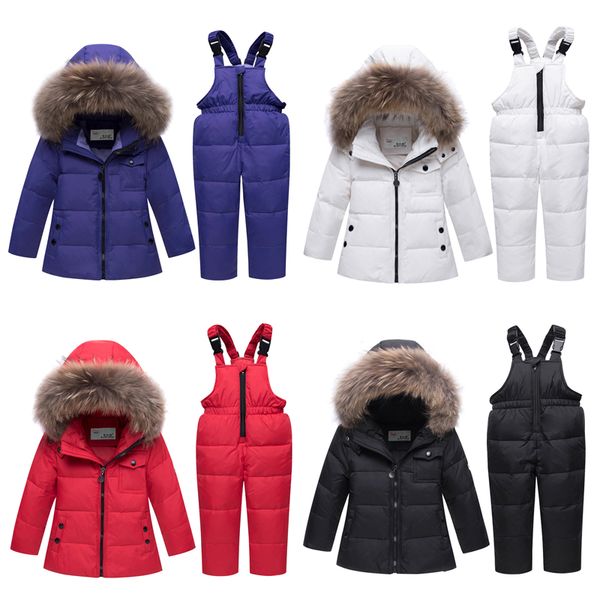 

kids down jacket set baby boy solid raccoon fur collar coat kids warm clothes infant baby girls winter down trousers outfits suit 06, Blue;gray