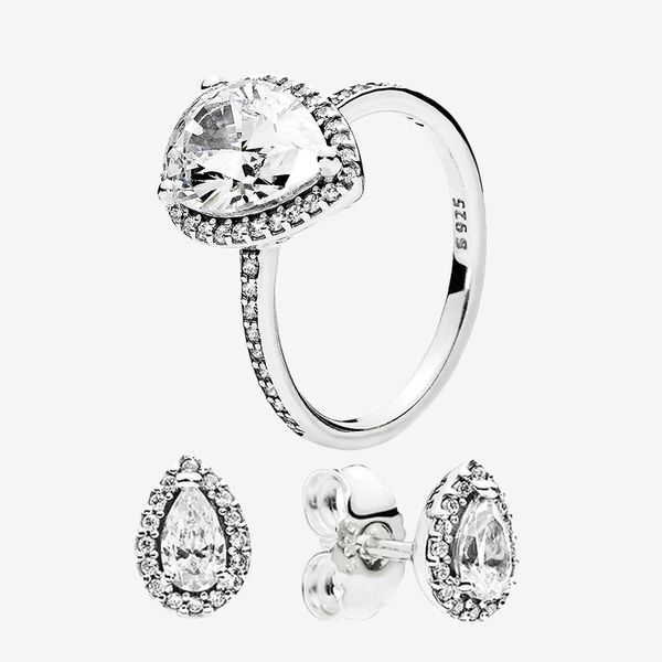 

authentic 925 silver teardrop ring and earring sets original box for pandora cz diamond women wedding jewelry tear drop ring stud earring, Slivery;golden