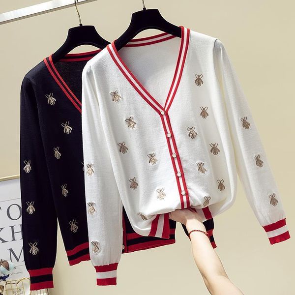 

fashion designer bees embroidery cardigan 2019 autumn women knitted sweater coat v-neck single breasted outwear female cardigans, White;black